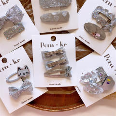 Silver color collection glitter snap hair clips set for kids