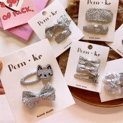 Silver color collection glitter snap hair clips set for kids