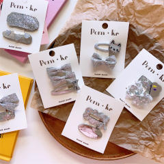 Silver color collection glitter snap hair clips set for kids