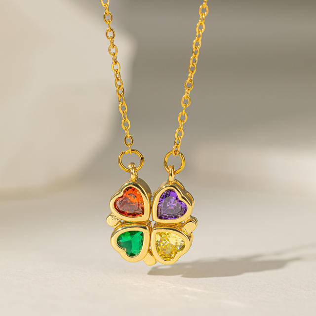 Colorful diamond clover stainless steel chain necklace