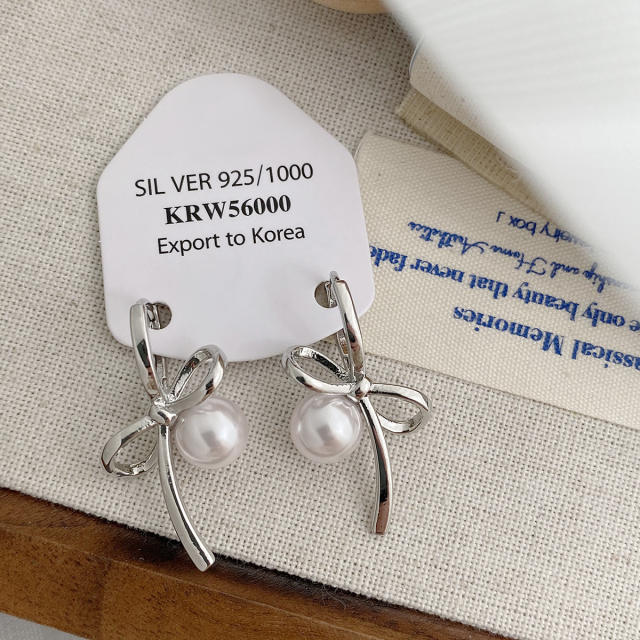 Silver color bow pearl bead women earrings