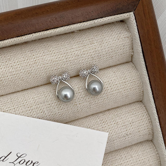 Chic gray pearl diamond bow cute women earrings