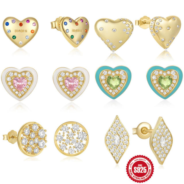 925 sterling silver colorful enamel heart studs earrings collection
