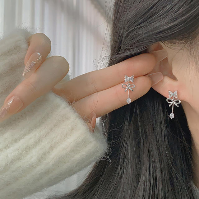 Chic diamond bow silver color earrings