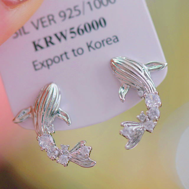 Delicate diamond dolphin fish design studs earrings