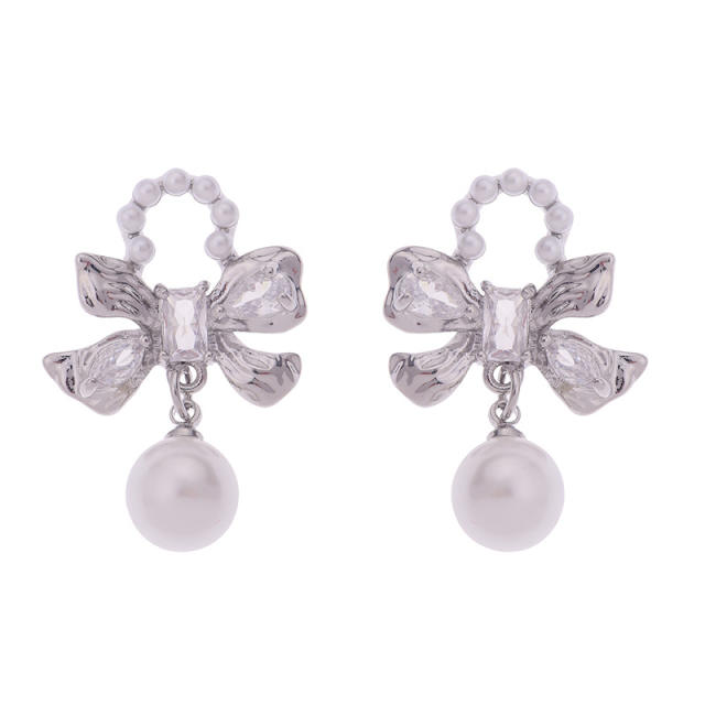 Sweet cool silver color bow pearl drop earrings