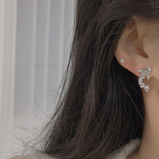 Delicate diamond dolphin fish design studs earrings
