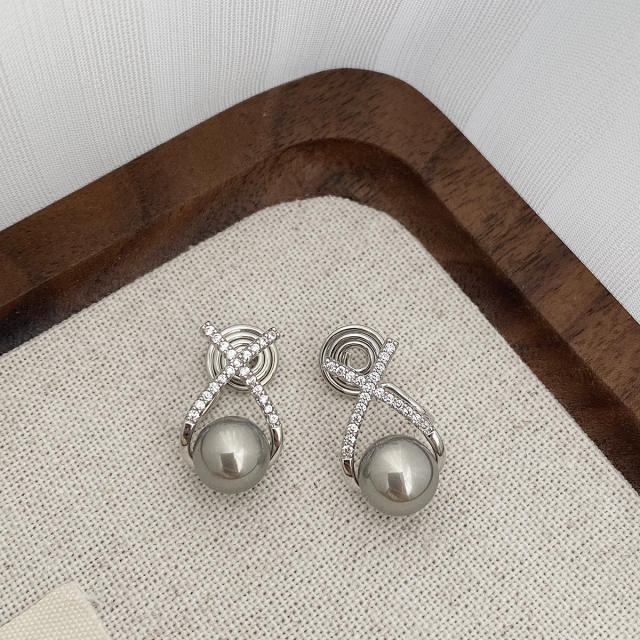 Chic diamond cross gray pearl studs earrings clip on earrings
