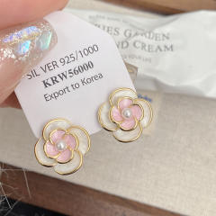Sweet pink color enamel camellia flower studs earrings clip on earrings