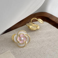 Sweet pink color enamel camellia flower studs earrings clip on earrings