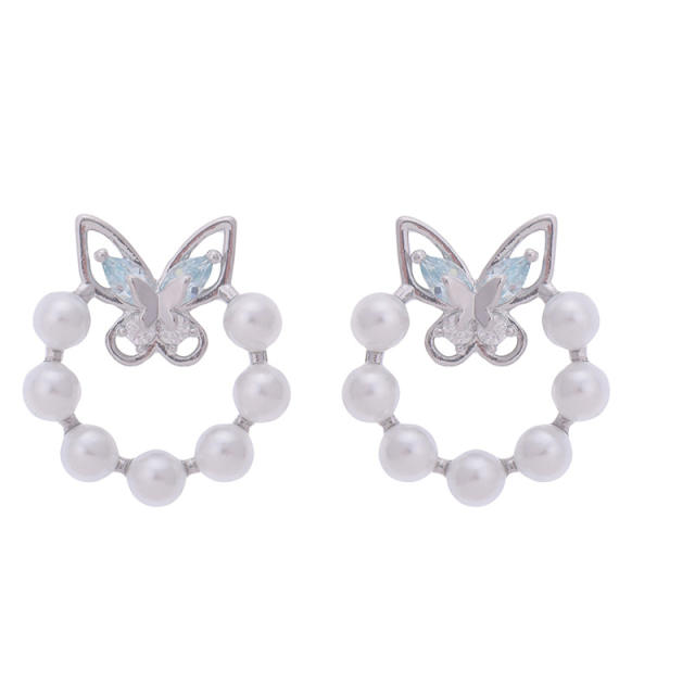 Elegant butterfly pearl bead circle women studs earrings