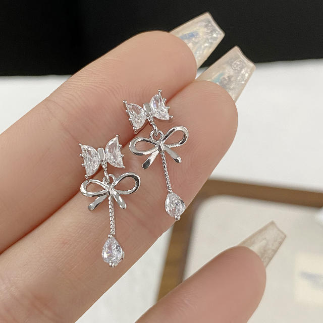 Chic diamond bow silver color earrings