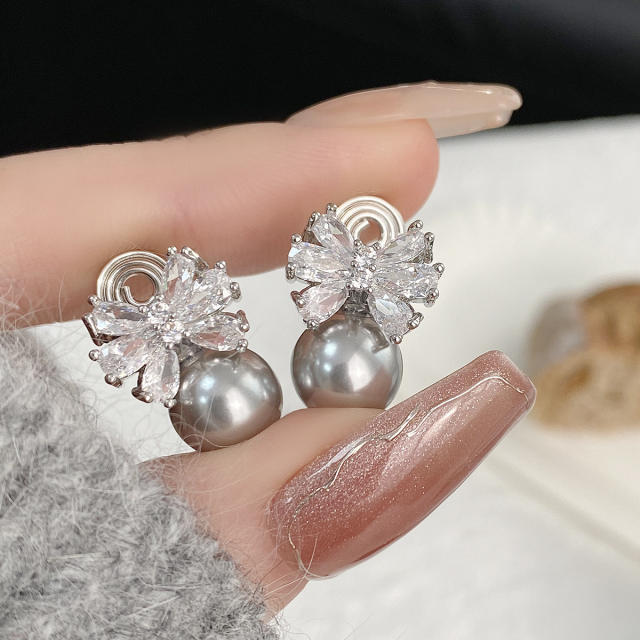 Delicate diamond bow gray pearl women earrings clip on earrings