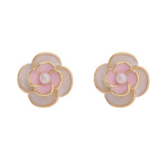 Sweet pink color enamel camellia flower studs earrings clip on earrings