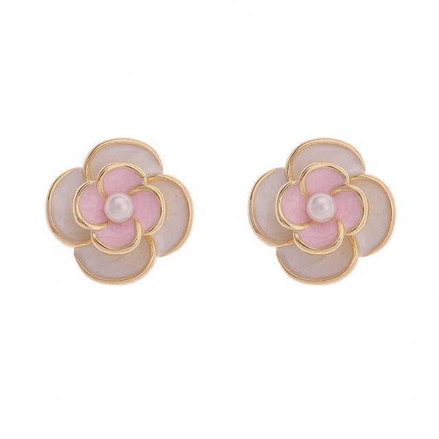 Sweet pink color enamel camellia flower studs earrings clip on earrings