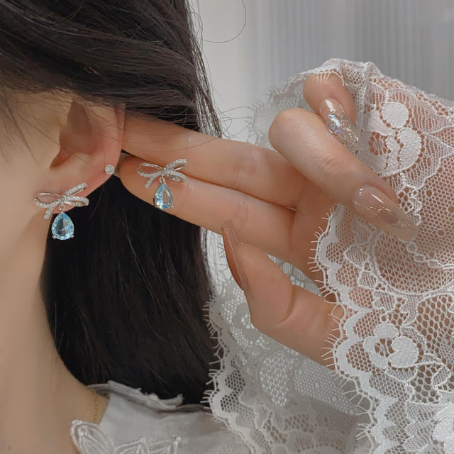 Delicate Aquamarine drop sweet bow diamond women earrings rings set