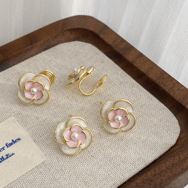 Sweet pink color enamel camellia flower studs earrings clip on earrings