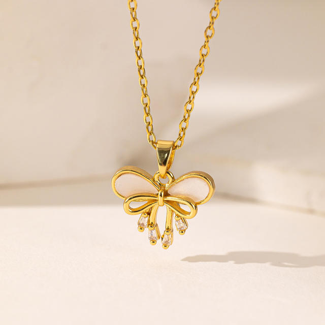 Dainty diamond gold plated copper pendant bow moon stainless steel chain necklace collection