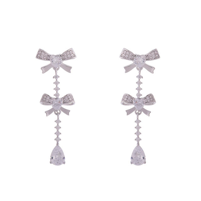 Delicate diamond bow dangle earrings clip on earrings