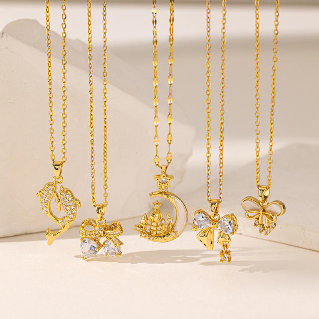 Dainty diamond gold plated copper pendant bow moon stainless steel chain necklace collection