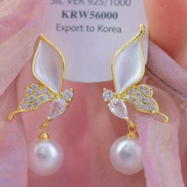 Delicate diamond butterfly pearl drop women earrings