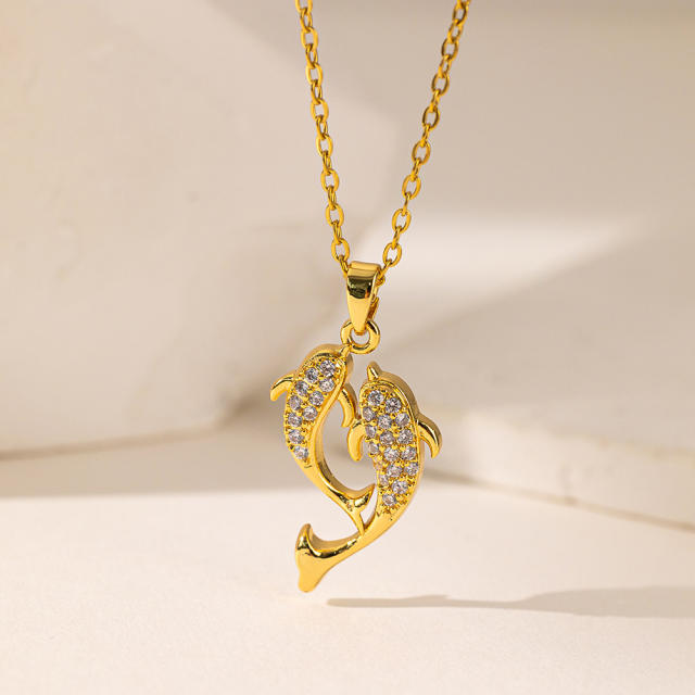 Dainty diamond gold plated copper pendant bow moon stainless steel chain necklace collection