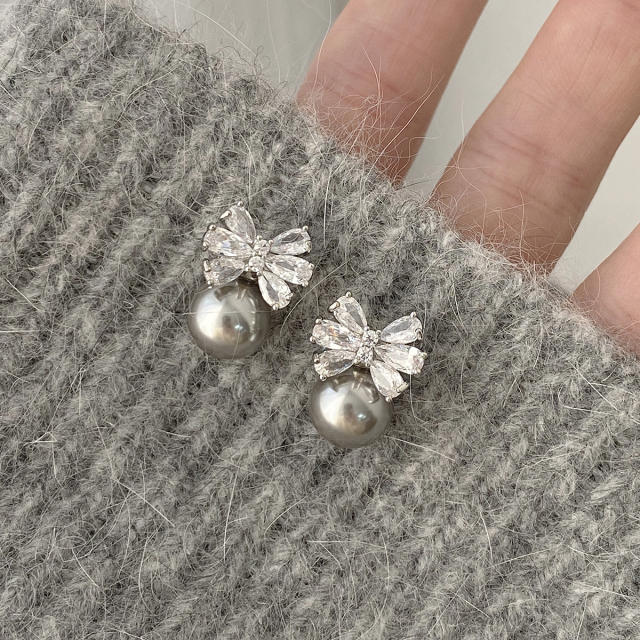 Delicate diamond bow gray pearl women earrings clip on earrings