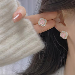 Sweet pink color enamel camellia flower studs earrings clip on earrings