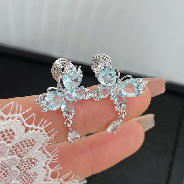 Creative light blue color cubic zircon butterfly earrings clip on earrings