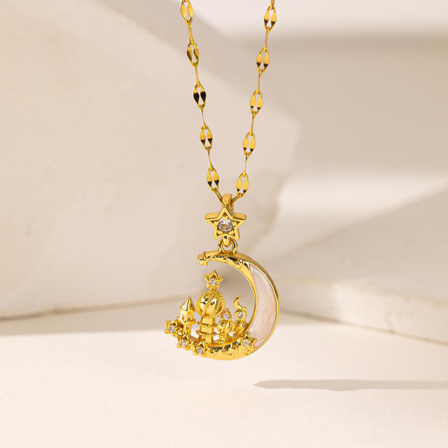 Dainty diamond gold plated copper pendant bow moon stainless steel chain necklace collection