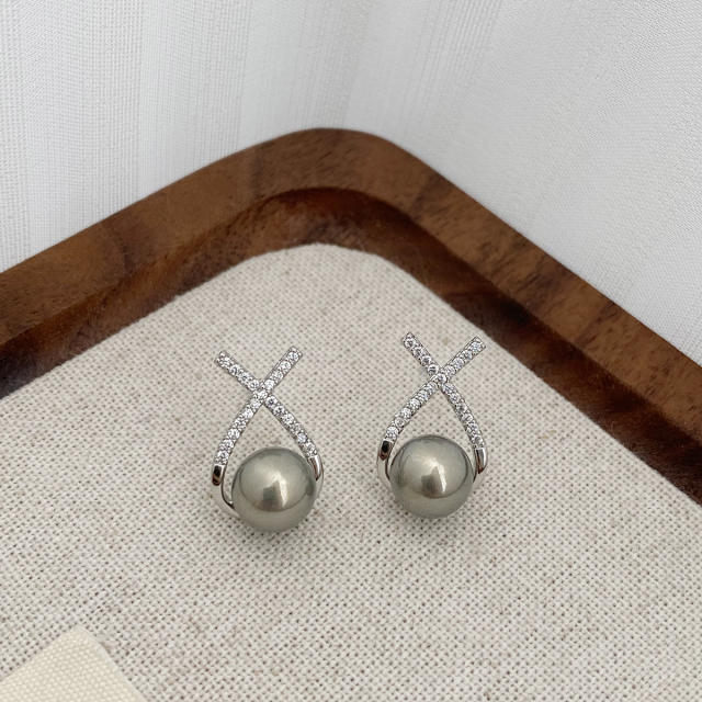 Chic diamond cross gray pearl studs earrings clip on earrings