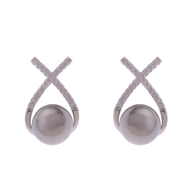 Chic diamond cross gray pearl studs earrings clip on earrings