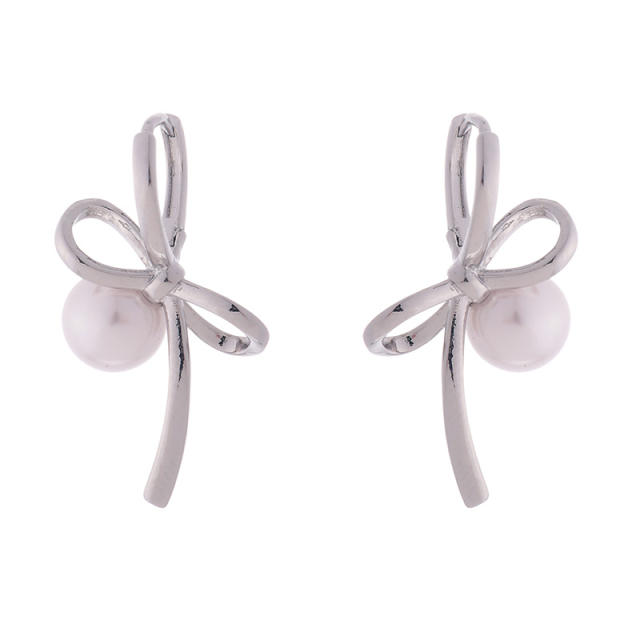 Silver color bow pearl bead women earrings