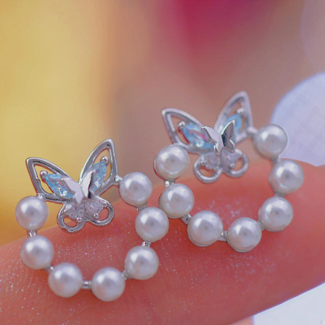 Elegant butterfly pearl bead circle women studs earrings