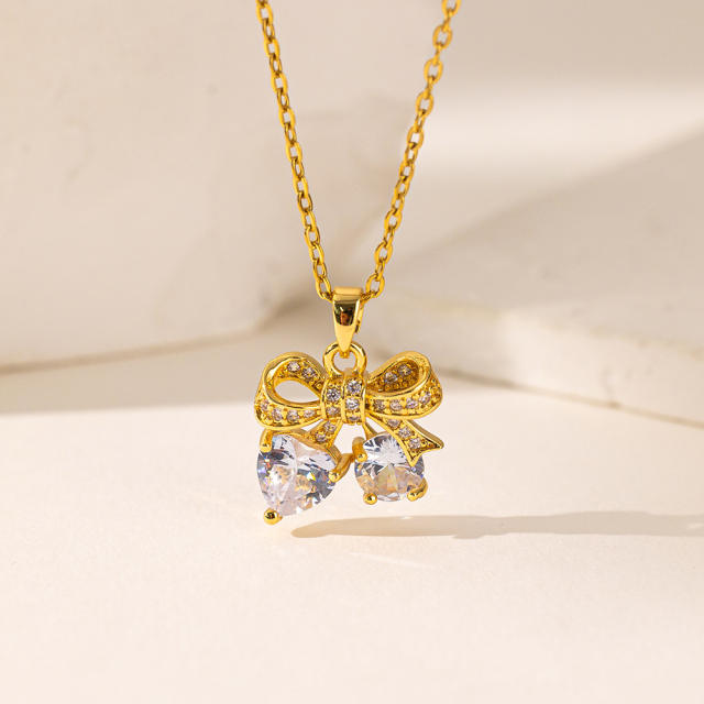 Dainty diamond gold plated copper pendant bow moon stainless steel chain necklace collection