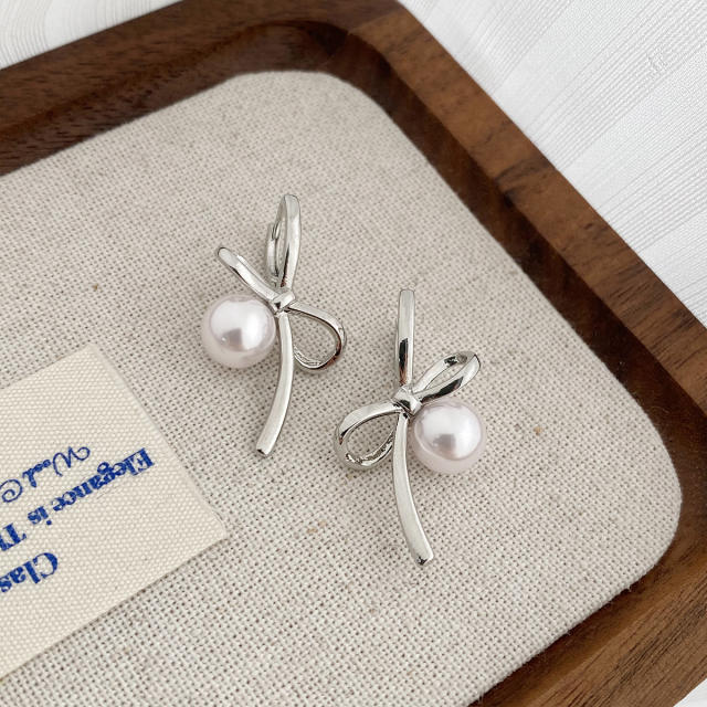 Silver color bow pearl bead women earrings