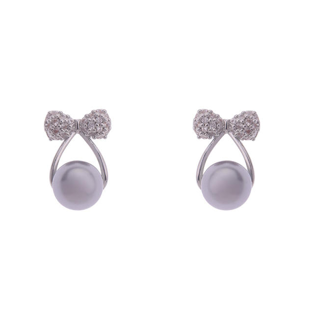 Chic gray pearl diamond bow cute women earrings