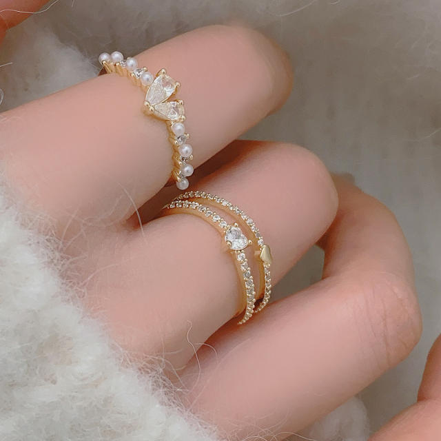 Delicate pave setting cubic zircon tiny heart finger rings