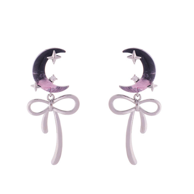 Sweet cool black moon silver bow earrings clip on earrings