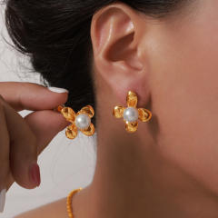Elegant pearl bead bloom flower stainless steel studs earrings
