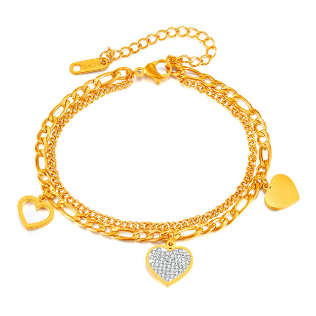 Delicate two layer diamond heart charm stainless steel chain bracelet
