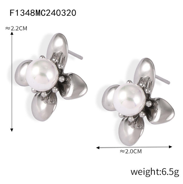 Elegant pearl bead bloom flower stainless steel studs earrings