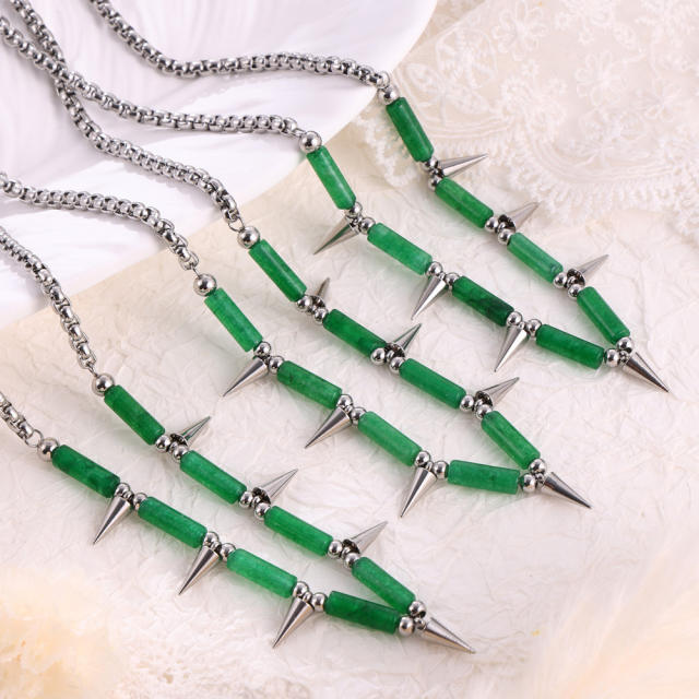 Punk trend natural stone bead rivet stainless steel necklace