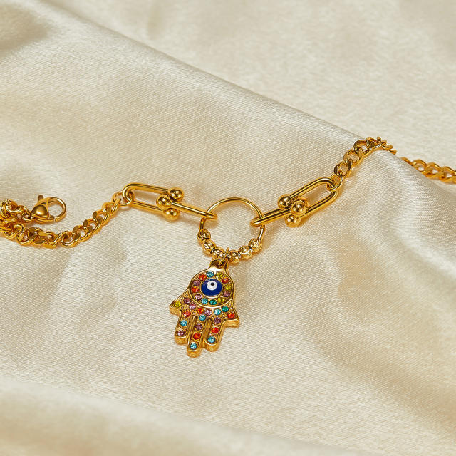 Rainbow cubic zircon hasma hand charm stainless steel chain bracelet