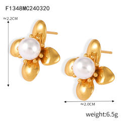 Elegant pearl bead bloom flower stainless steel studs earrings