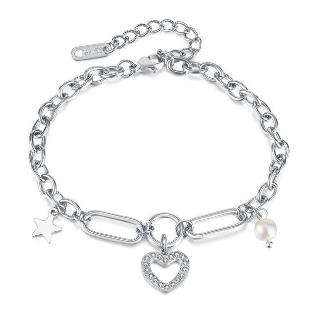 Chic hot sale diamond heart charm pearl bead stainless steel chain bracelet