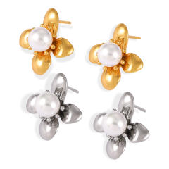 Elegant pearl bead bloom flower stainless steel studs earrings