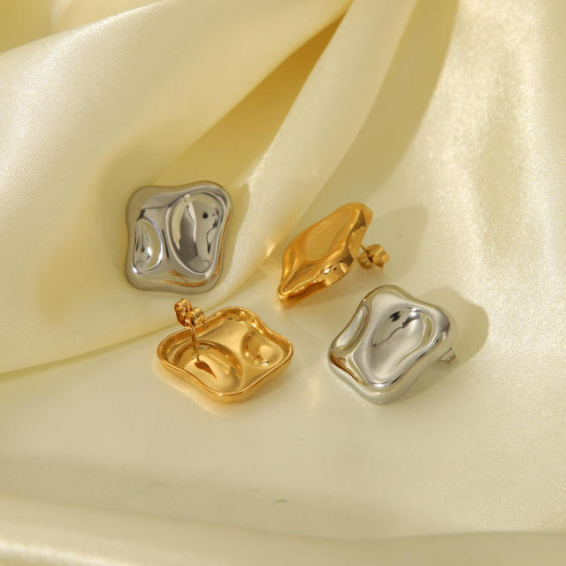 18KG Chunky fold pattern geometric shape stainless steel earrings