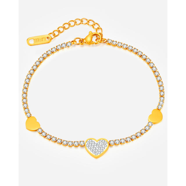 Delicate diamond heart tennis chain stainless steel bracelet