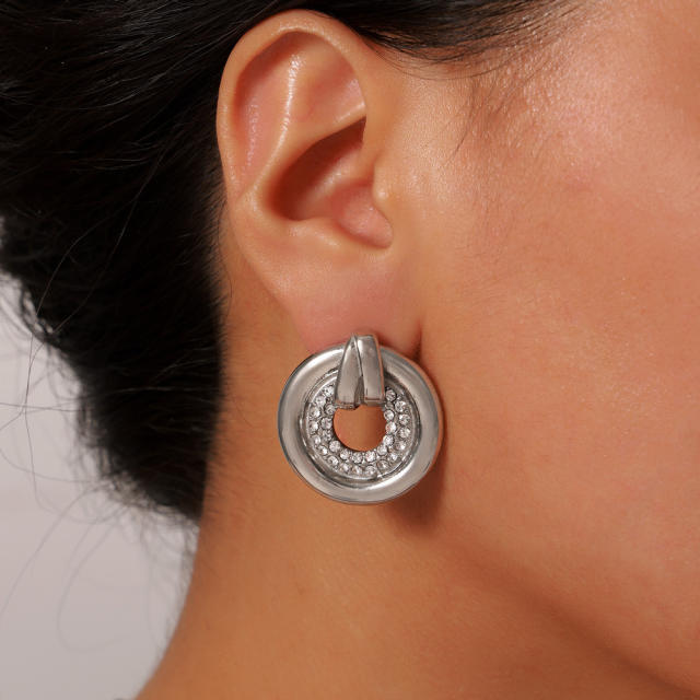 Elegant diamond circle stainless steel earrings